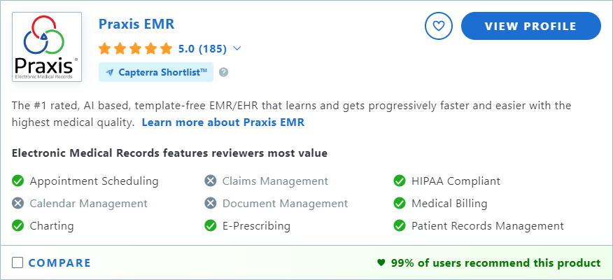 Praxis is rated the Number One EHR in Value 2024 - Capterra Value Report: A Price Comparison Guide for EMR Software