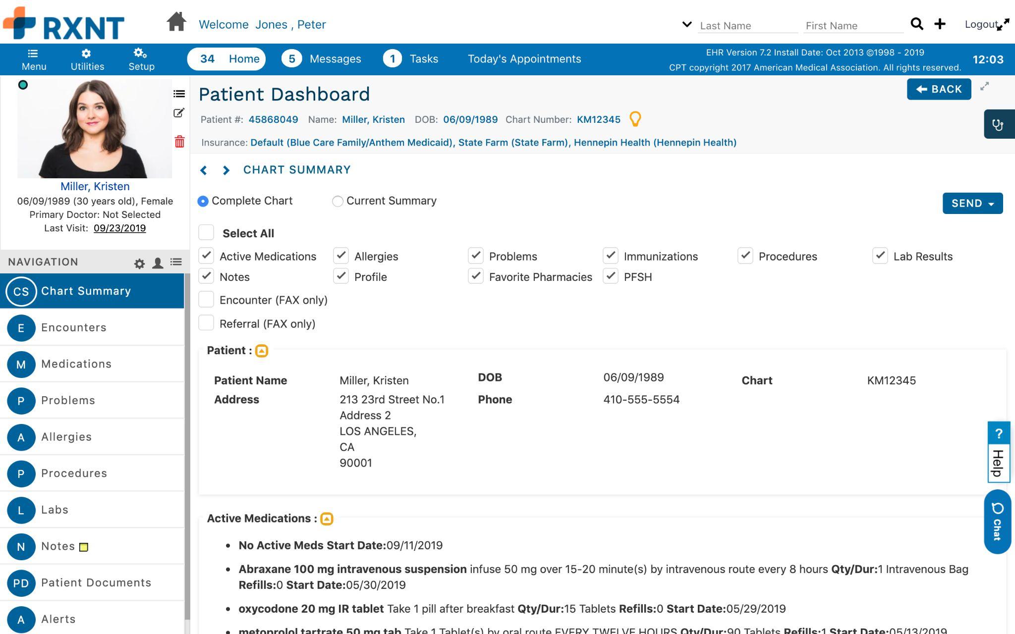 Patient dashboard in RXNT EMR