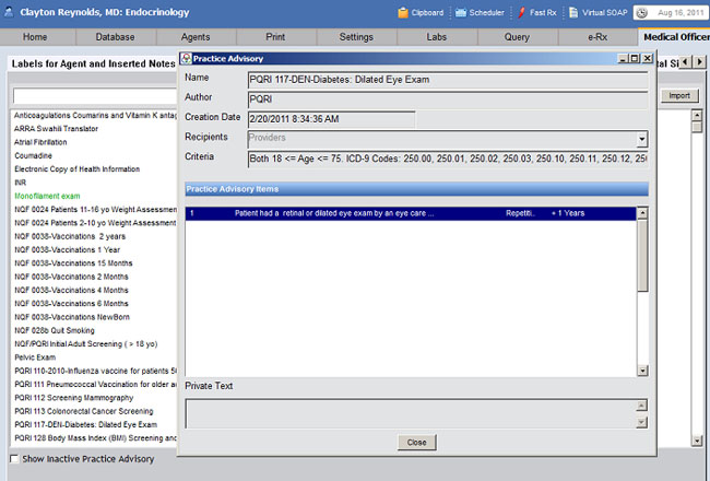 The Clinical Practice Advisory shown here is set to trigger whenever a doctor sees a patient between the ages of 18 and 75 with an ICD10 diagnosis of diabetes.